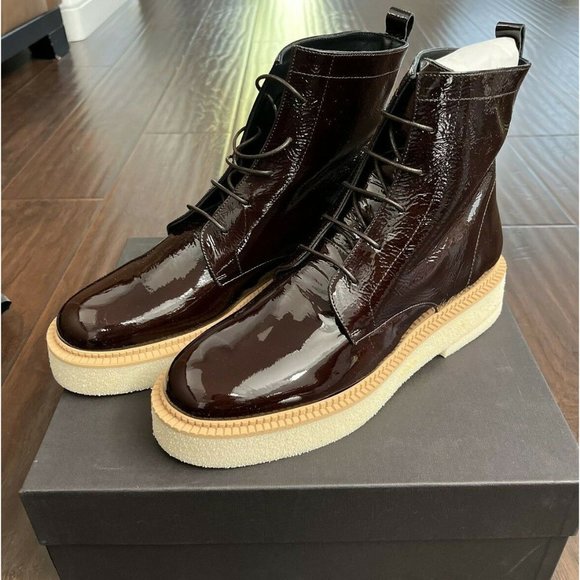 NEW Paloma Barcelo Women's Patent Leather Prudence Lace Up Boots Brown - Picture 3 of 8